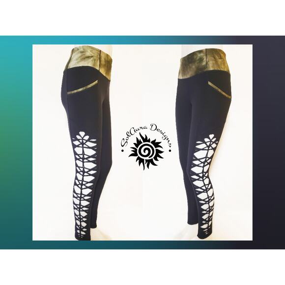 YOGINI - MEDIUM - Women's/ Junior Non-See Thru High Waist Green Black Leggings - Picture 2 of 4